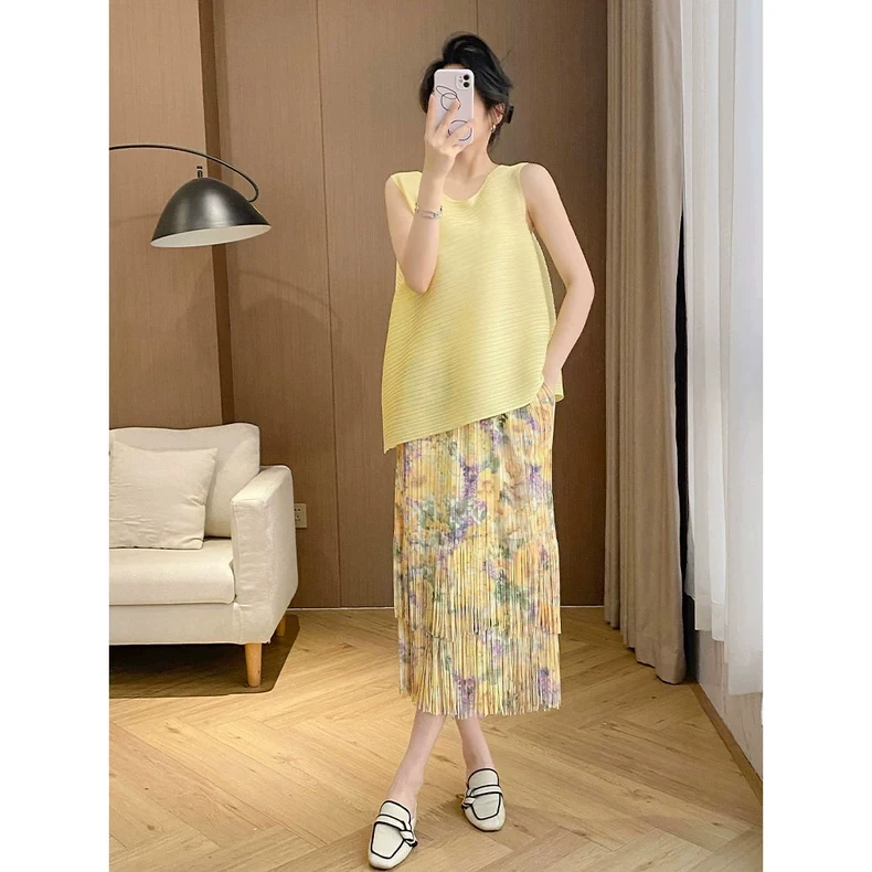 三宅小个子度假风褶皱印花半身裙女2025夏季新款碎花流苏半裙百搭