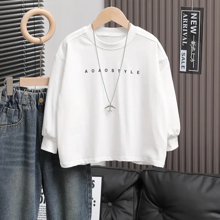 男童长袖T恤纯棉春秋款韩版宽松白色儿童内搭打底衫休闲中大童装