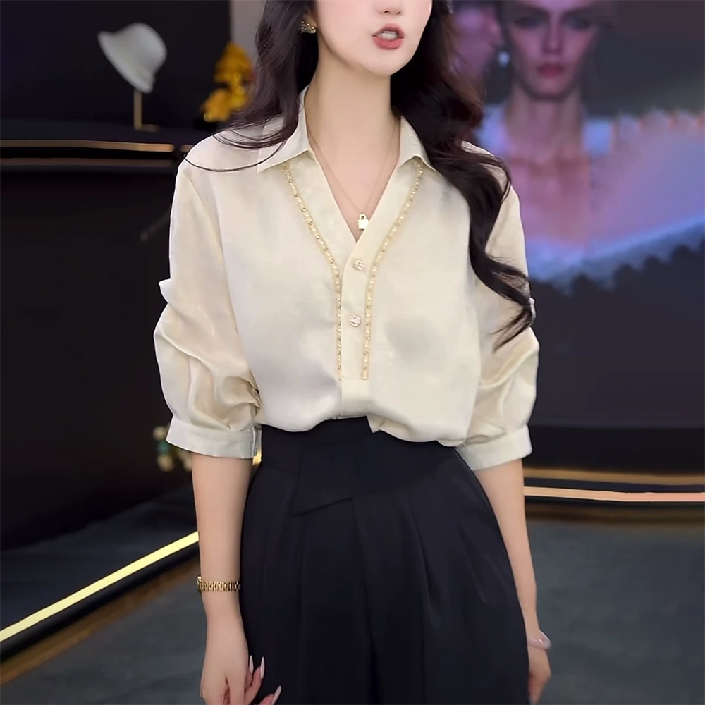 2025时尚v领短袖衬衫女夏季新款洋气高级感重工钉珠轻奢气质上衣