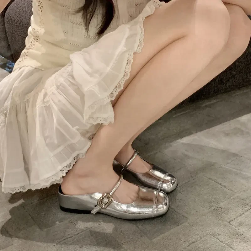 小个子内增高一字带玛丽珍包头半拖鞋软底软面新款百搭仙女风