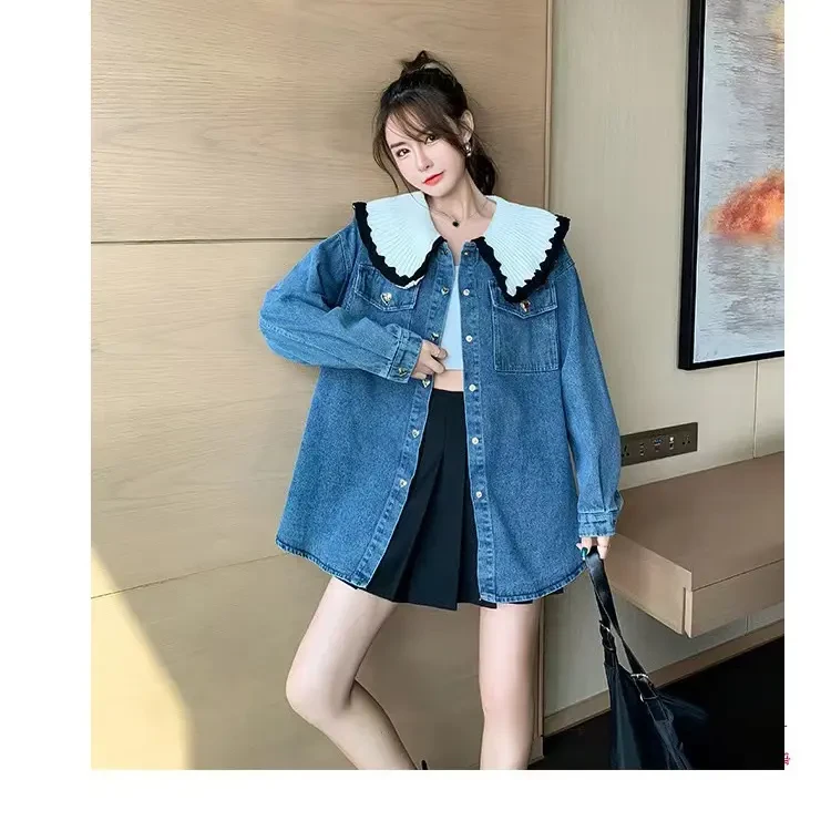 9101娃娃领拼接设计感中长款衬衫女休闲上衣