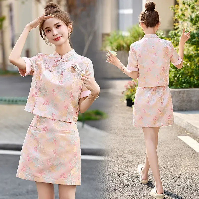 新中式国风提花套装裙女2025夏季新款复古盘扣改良旗袍短裙两件套