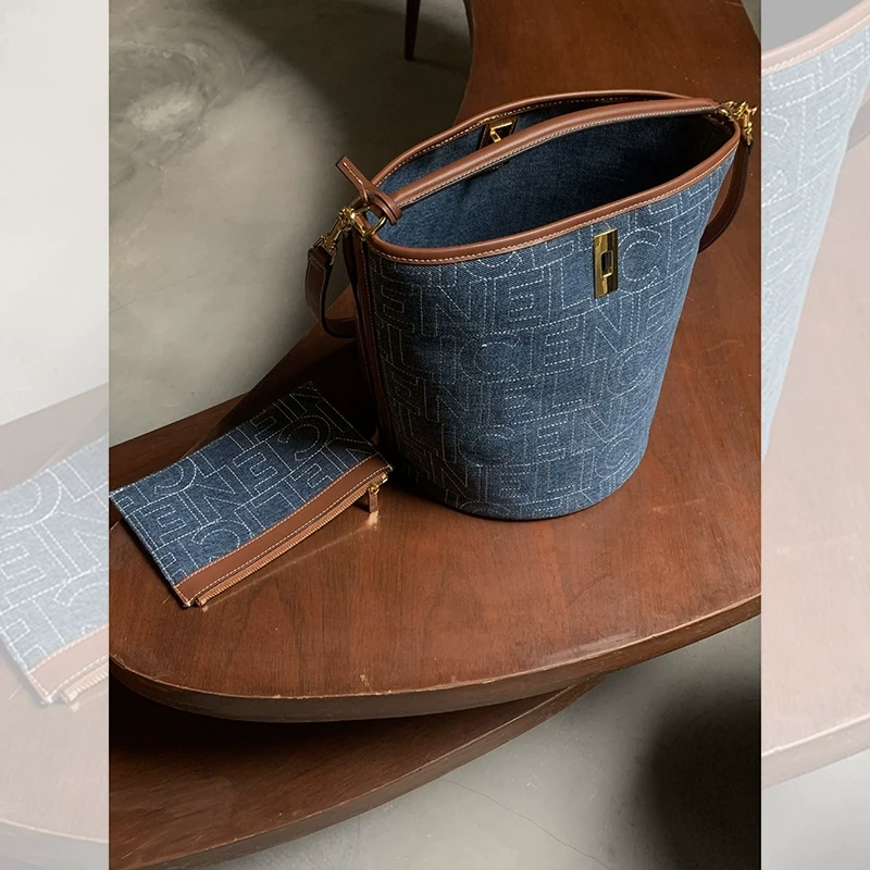 【CE牛仔水桶包】yb定制 二层牛皮刺绣字母单肩/手提包MA232007