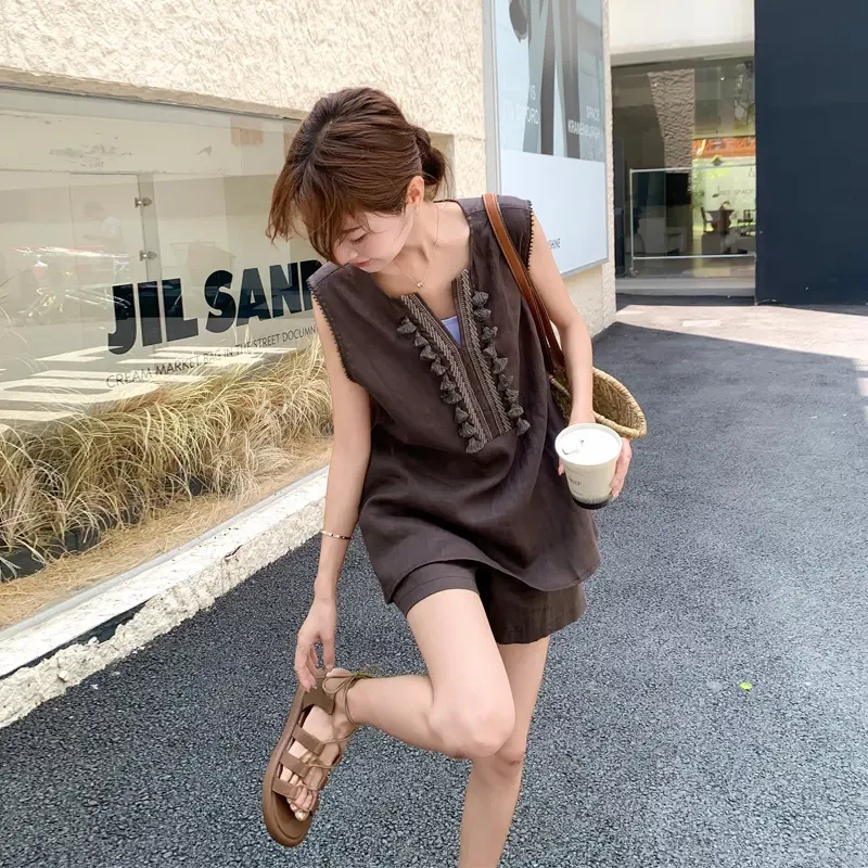 美拉德流苏马甲短裤套装女2025夏季新款宽松休闲韩系百搭两件套