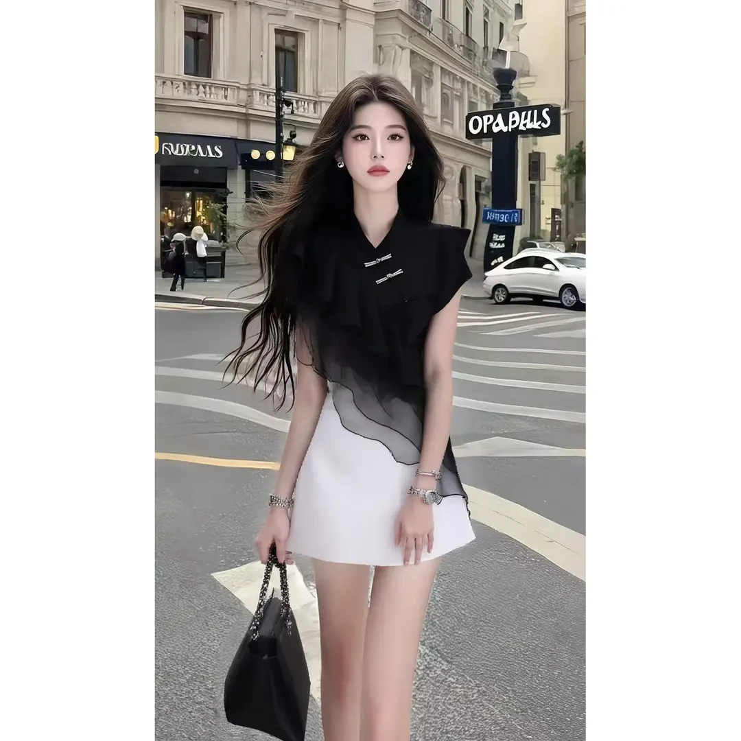 新款时尚撞色拼接别致设计感修身短袖连衣裙温柔知性风氛围感穿搭