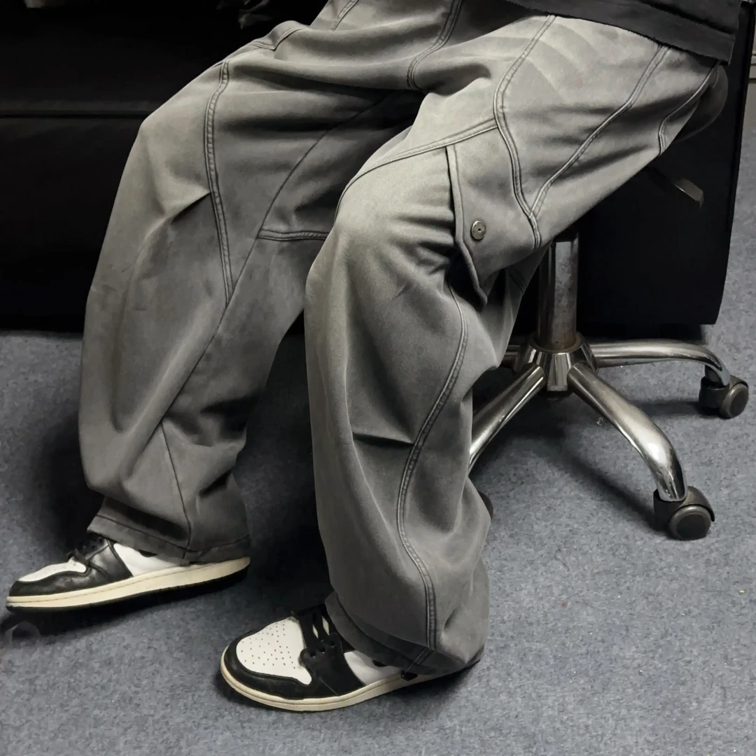 美式复古结构设计款水洗加绒宽松阔腿打褶直筒阔腿裤