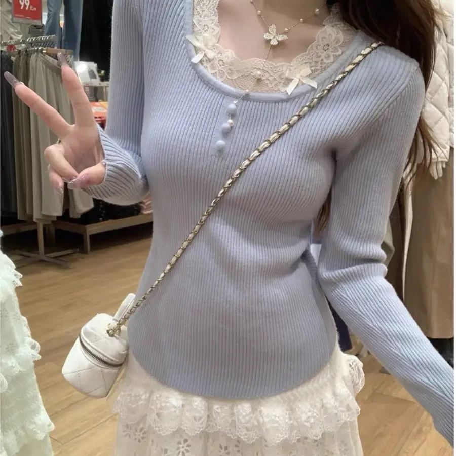 V领蕾丝拼接法式纯欲风针织衫女秋冬温柔气质修身长袖打底上衣