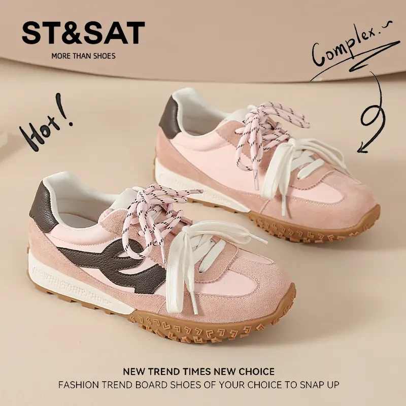 星期六真皮粉色运动德训鞋女秋季时尚双鞋带芭蕾风厚底舒适阿甘鞋