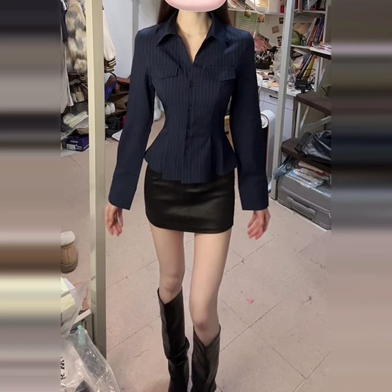 蓝色掐腰条纹衬衫女2025新款韩版气质小衫长袖收腰显瘦绝美小上衣