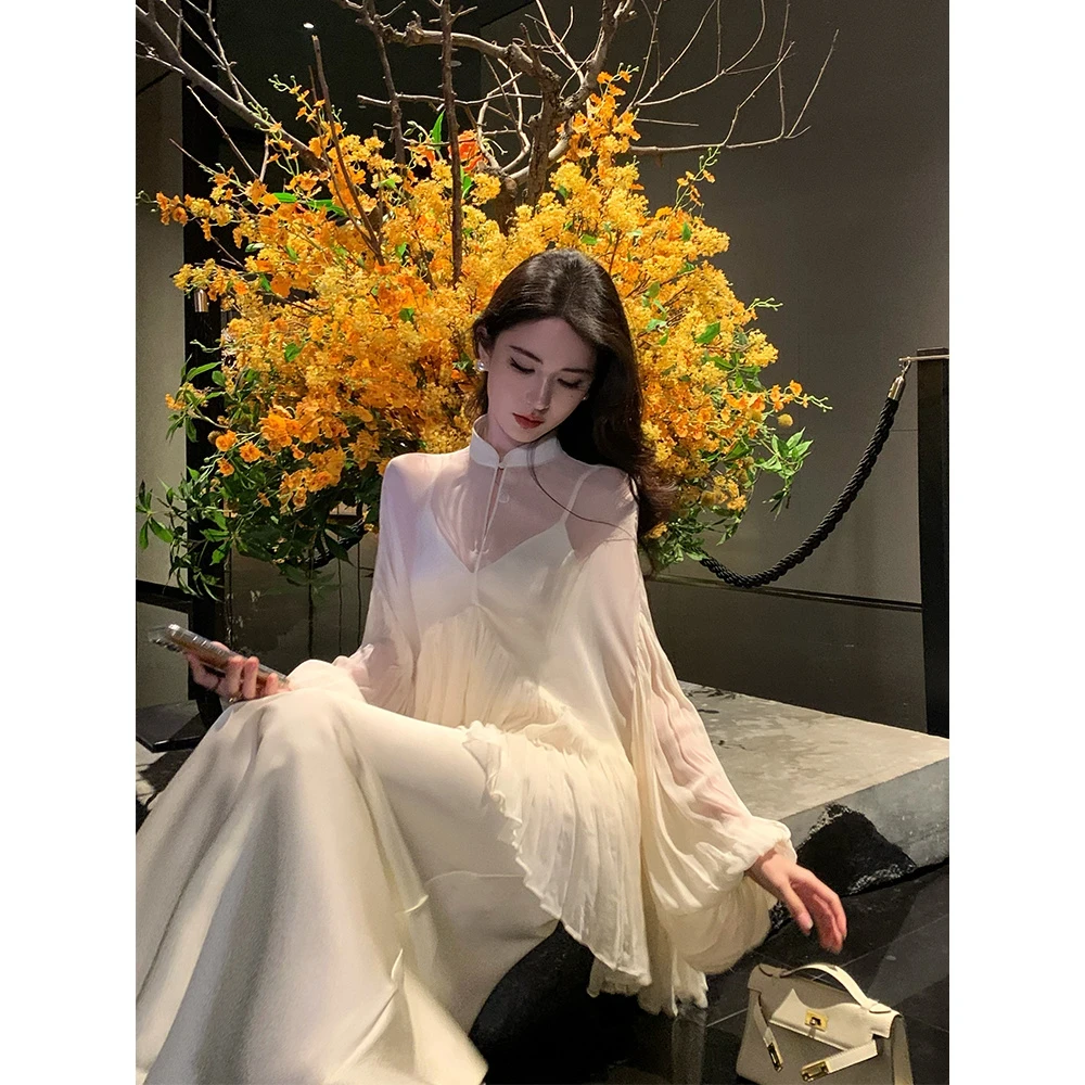 【富贵闲女】新中式立领仙气上衣V领吊带连衣 裙鱼尾长裙两件套