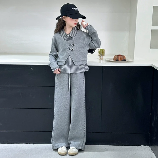 女童春装衬衫假两件套装2025新款中大女孩休闲韩版儿童春秋两件套