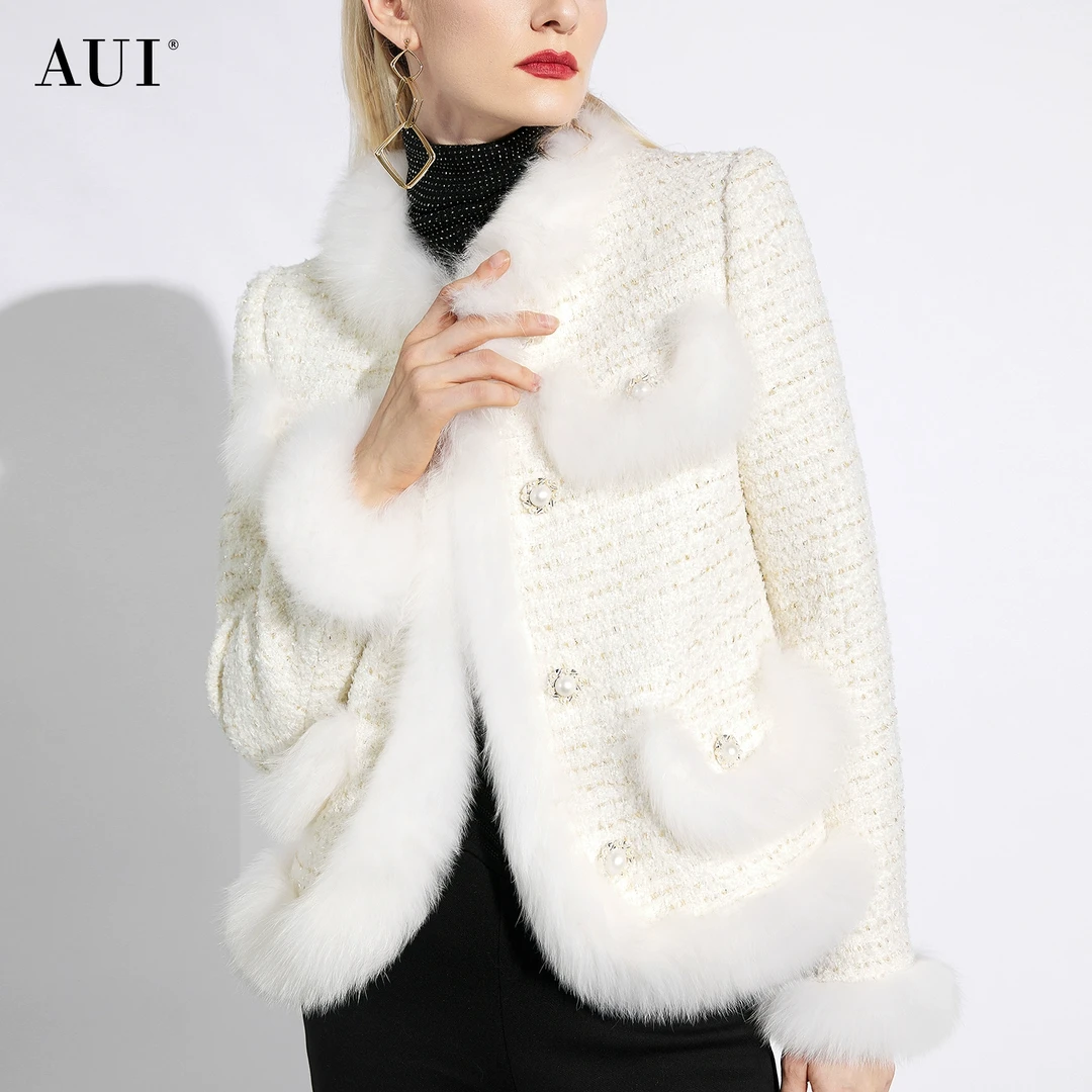 【雅姐甄选】AUI杏色名媛狐狸毛小香风短外套长袖上衣-23D103610Z