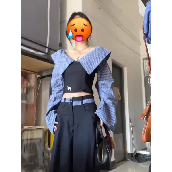 韩系套装女2025春季条纹一字肩长袖衬衫拼接宽松阔腿长裤两件套