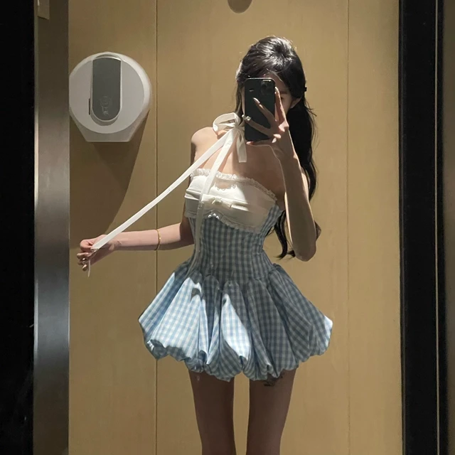 【园游会】新款纯欲甜美蝴蝶抹胸蓝色格拼接飘带女款连衣裙