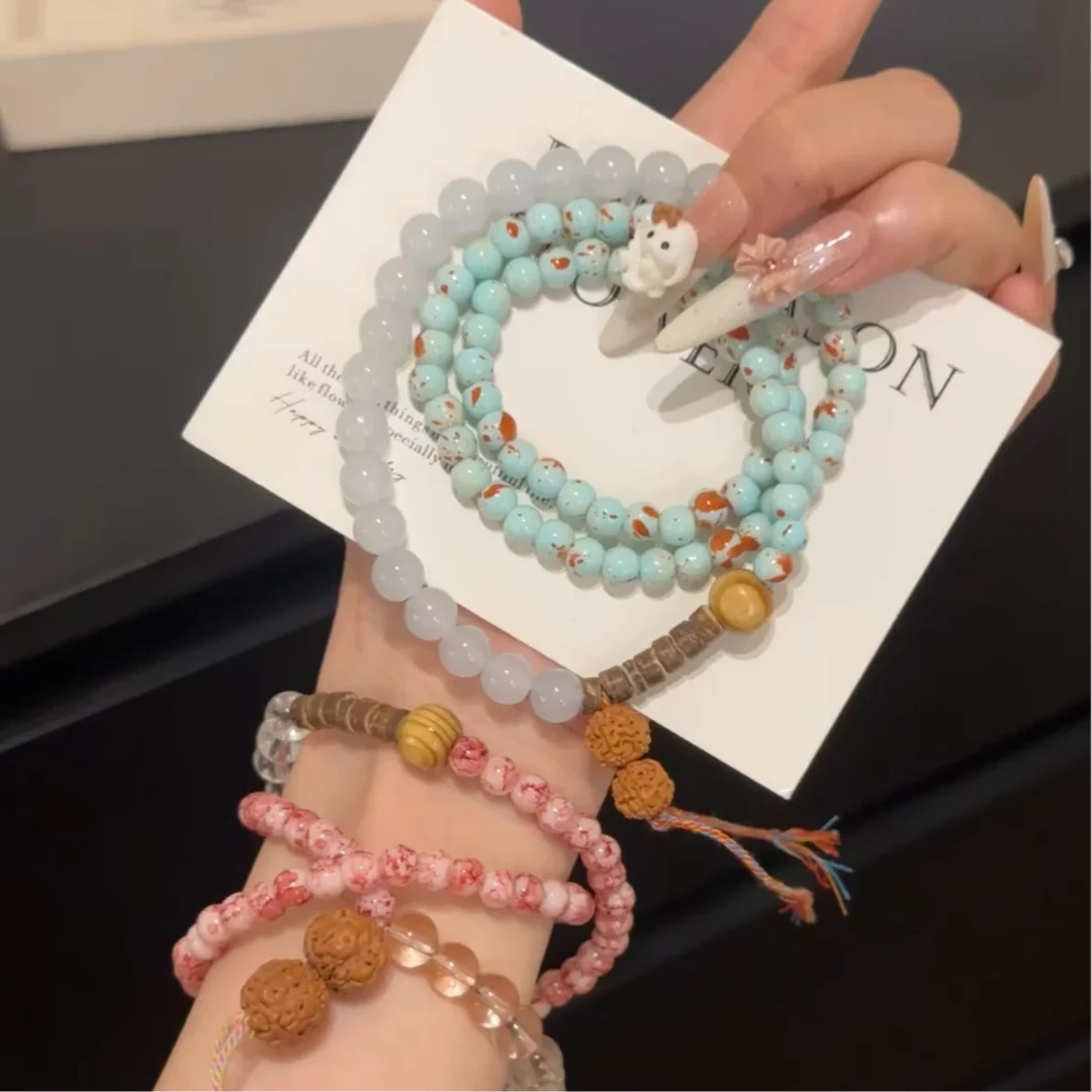 合金树脂手链 新中式复古红纹蓝纹寿山串珠手链夏新款ins叠戴手串