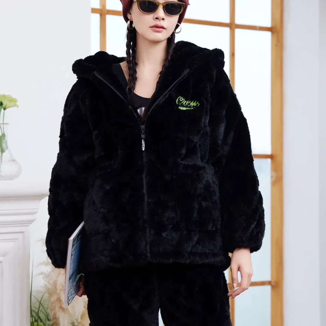 冬季女士加厚加绒夹棉可爱风连帽拉链可外穿睡衣套装