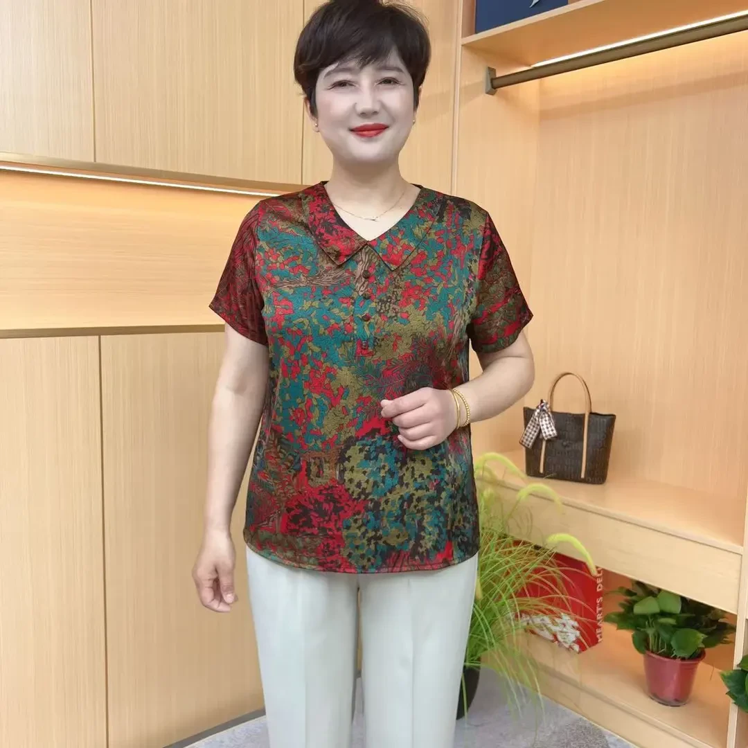 中老年妈妈夏季薄款娃娃领短袖T恤大码宽松时尚百搭妈妈上衣套装