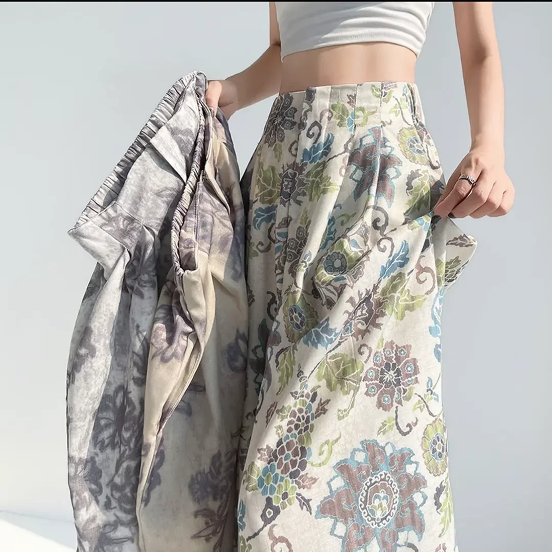 高个子175冰丝亚麻印花直筒阔腿拖地2025夏季高腰显瘦慵懒风女裤