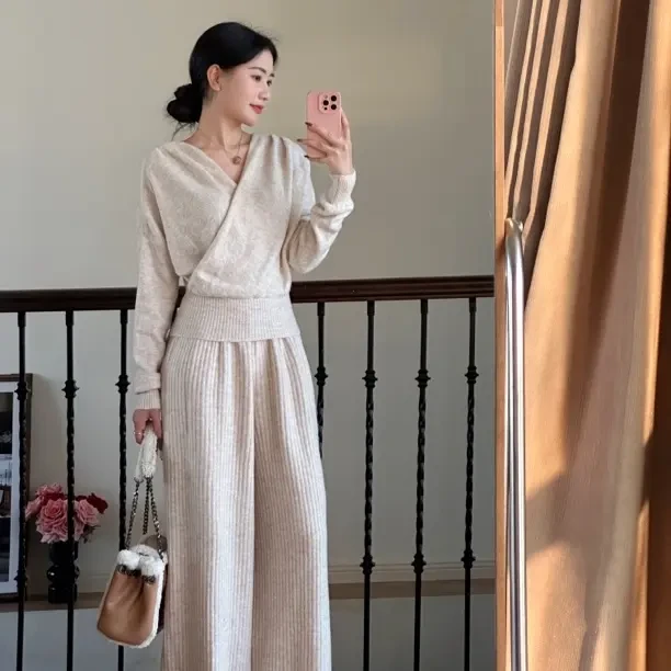 休闲风针织上衣阔腿裤两件套装秋冬显瘦法式慵懒感时尚高级感