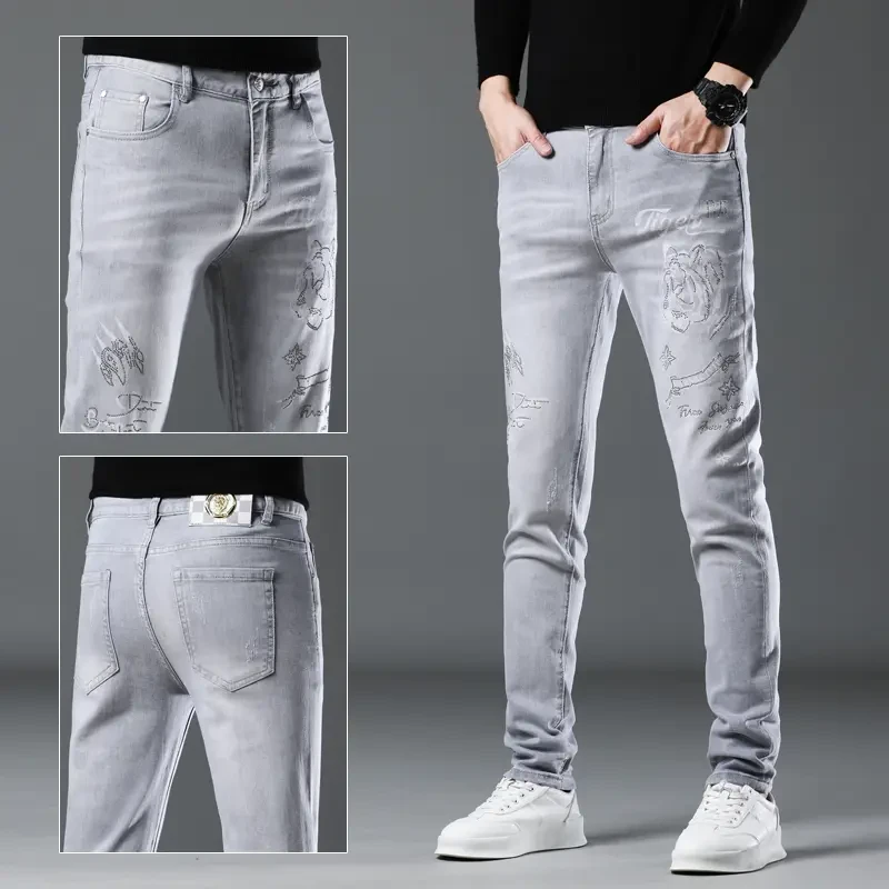 2025秋季新款韩版印花烫钻薄款休闲男牛仔裤修身弹力欧版轻奢百搭