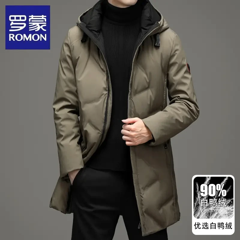 罗蒙羽绒服男士中长款2024年新款冬季连帽加厚保暖白鸭绒商务外套