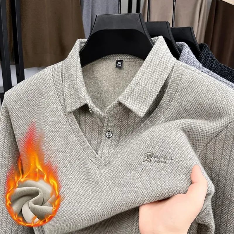 【高定款】冬季新款加绒加厚男士上衣休闲商务针织衫假两件男士毛衣