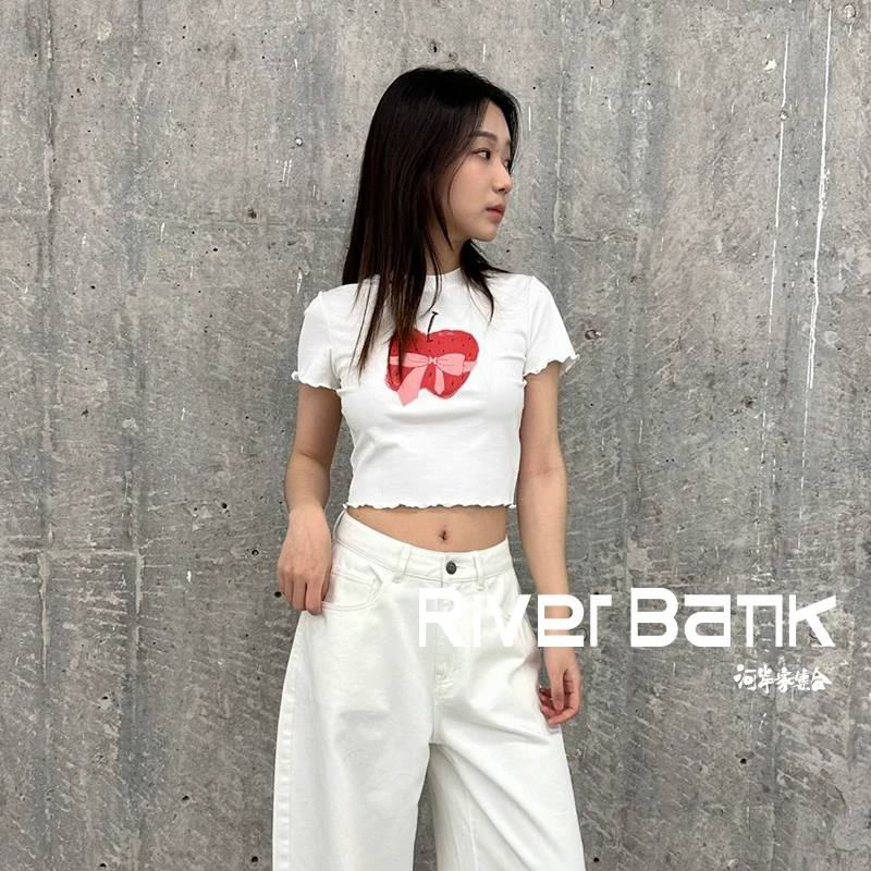 河岸家设计师Herlian圆领苹果蝴蝶结图案修身短款T恤女25春夏