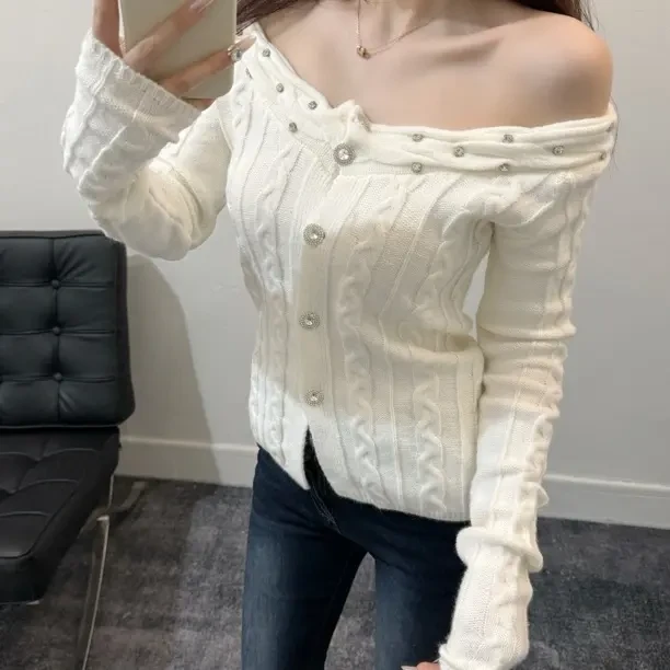 一字肩麻花软糯收腰显瘦毛衣开衫上衣冬季新款89