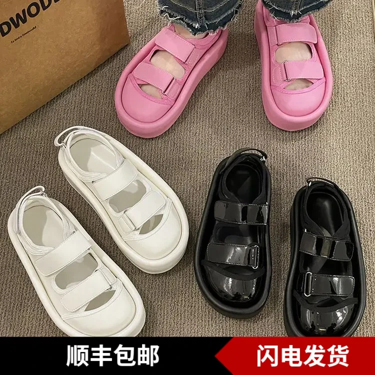 A-1时尚秋冬玫红色小众沙滩鞋女踩感厚底室外百搭软底包头凉鞋夏