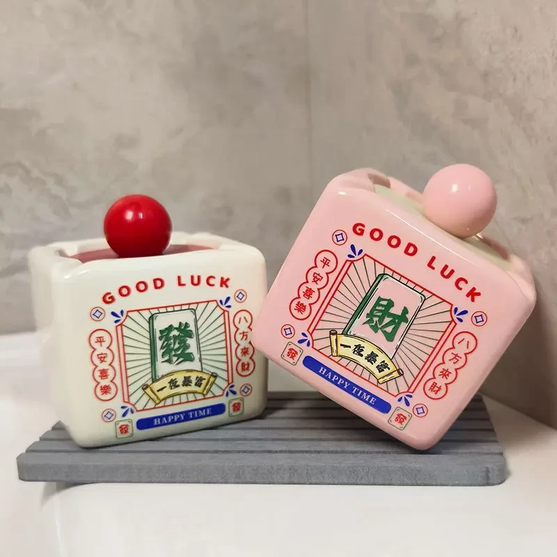 财运大发新年复古怀旧搪瓷陶瓷烟灰缸发财国潮大容量带盖防飞灰