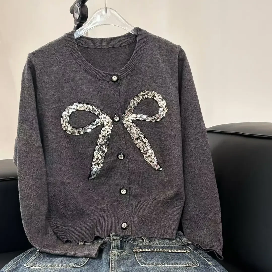 【妞妞】秋装新款小香风时尚毛衣长袖针织衫亮片1126226-灰色