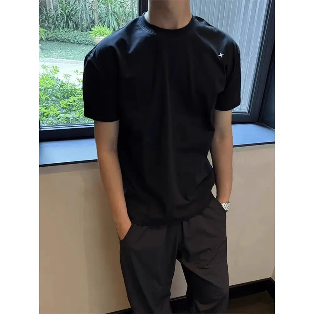 黑色设计感刺绣重磅短袖T恤男款夏季美式复古潮牌痞帅内搭五分袖