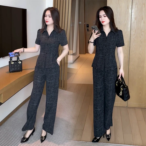 时尚套装女2025夏季新款洋气质收腰显瘦翻领短袖上衣阔腿裤两件套