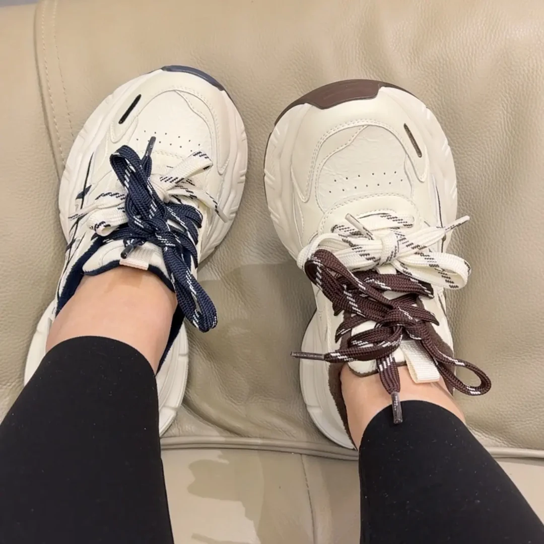 真皮厚底加绒老爹鞋女秋冬新款增高时尚双系带轻便百搭运动休闲鞋