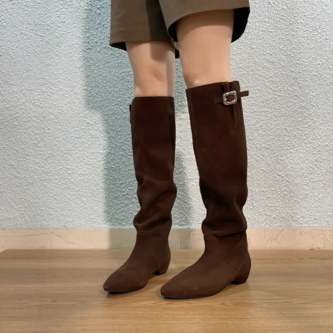 长筒靴女百搭秋冬2025新款现货~高品质牛翻皮堆堆靴高筒显瘦长靴