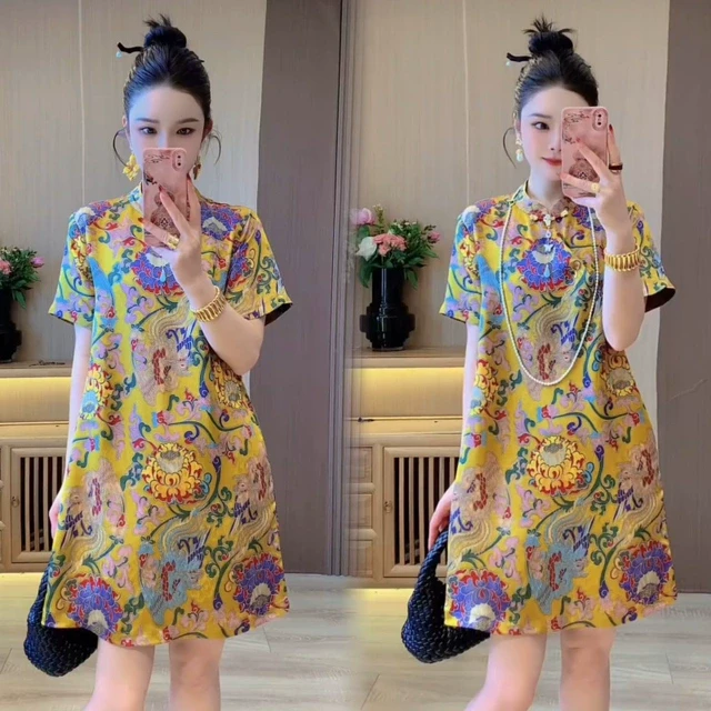 2025春夏季时尚洋气百搭气质国风新中式提花盘扣旗袍裙连衣裙女款
