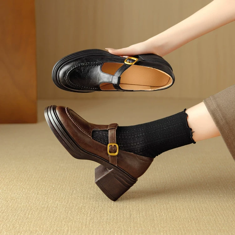 7cm高跟纯色圆头玛丽珍鞋好穿粗跟TPR牛筋底胶粘工艺女浅口单鞋