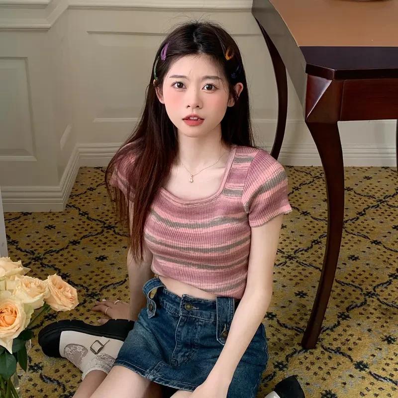 短款小上衣条纹设计感方领短袖针织衫女薄款夏季2025新款正肩显瘦