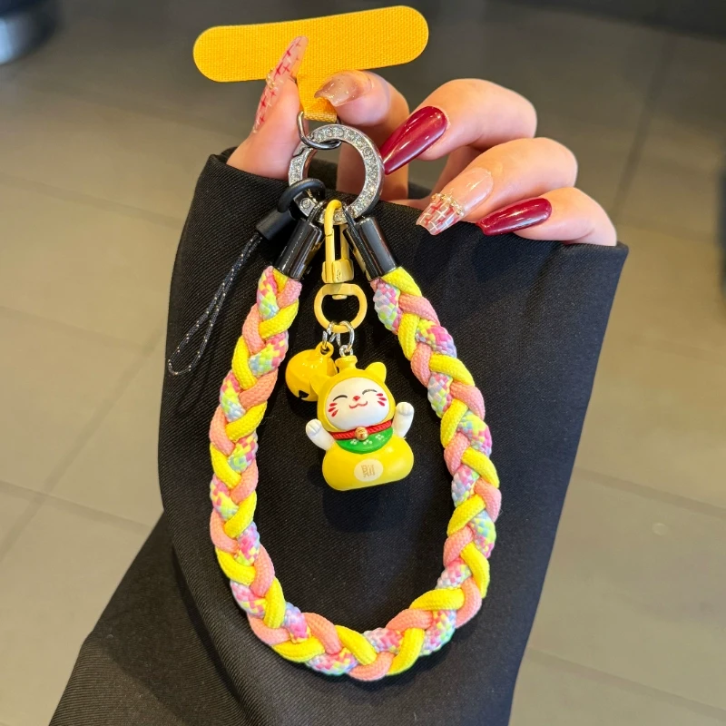 亿万两招财猫手机挂绳手提腕带编织三股个性钥匙扣包包挂件手机链