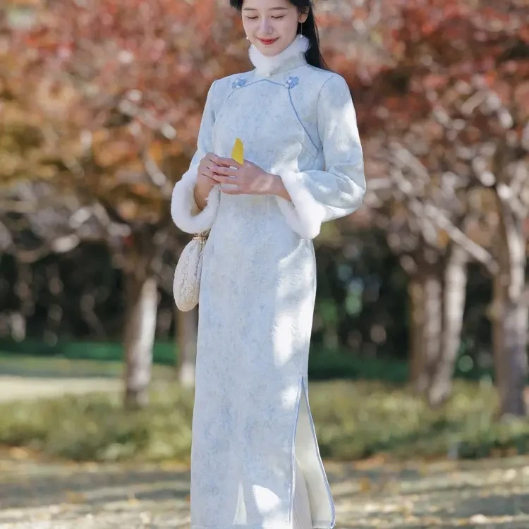 新中式改良旗袍加绒加厚冬款文艺长袖年轻少女日常连衣裙