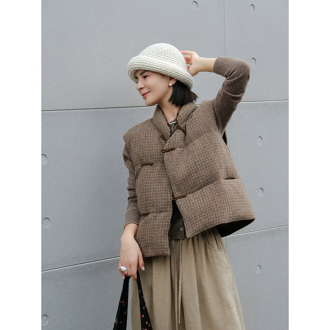 麻霖原创冬新品绵羊毛花纱色织95白鸭绒立领无袖新中式羽绒马甲