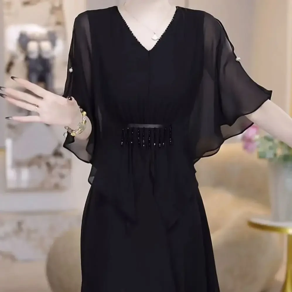 高档轻羽丝高级仙气黑色礼服裙2025夏季爆款遮肚显瘦连衣裙女夏