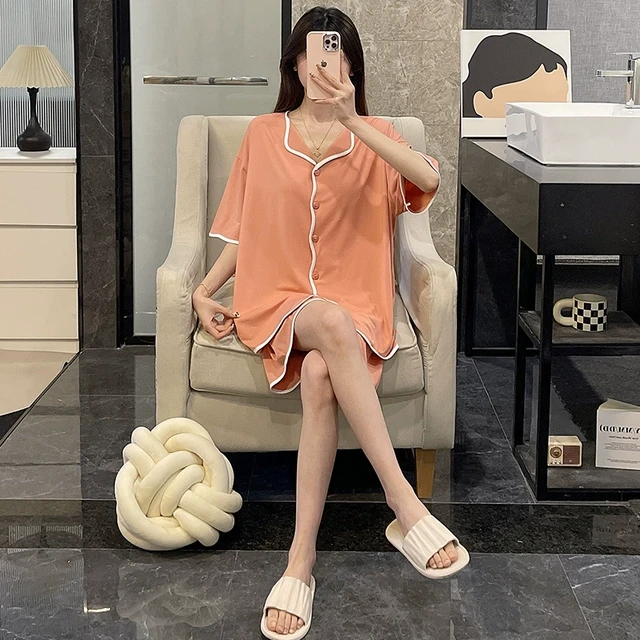 莫代尔睡衣女夏季短袖凉感可外穿大码春秋橘色时尚两件套装家居服