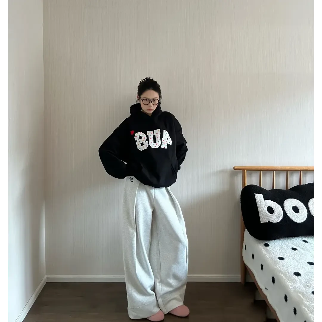 秋冬季彩色爱心波点印花卫衣情侣款宽松上衣连帽衫