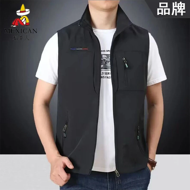 稻草人秋冬季双面户外加绒男士马甲多口袋宽松立领背心休闲马甲男