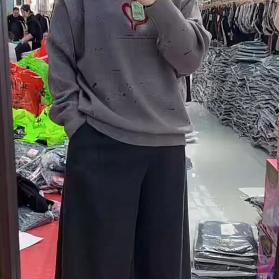 秋冬新款牛奶磨毛百搭松紧腰九分直筒阔腿裤