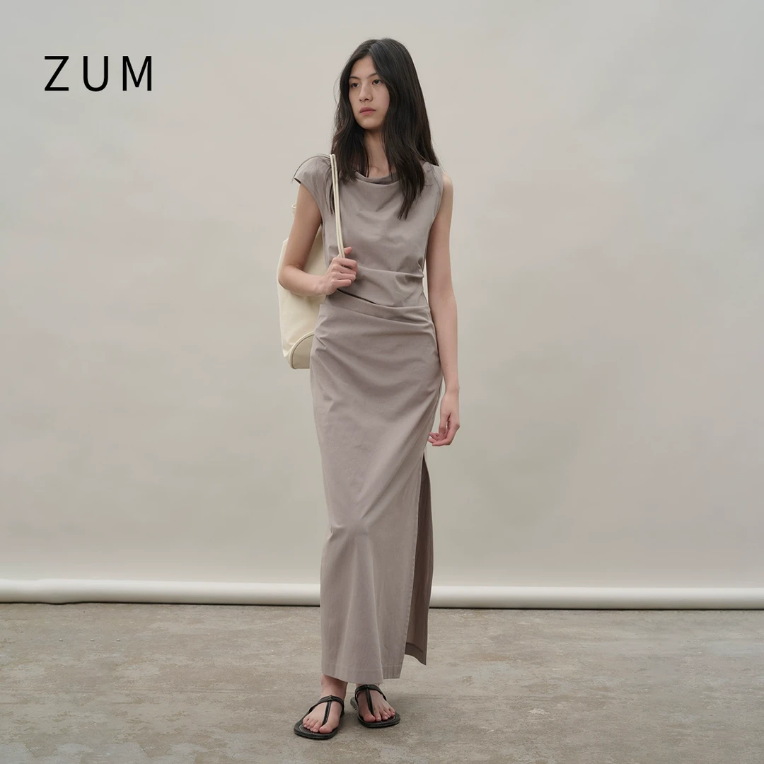 ZUM纯色小飞袖连衣裙春夏新款优雅连身裙下开叉长款裙子女气质