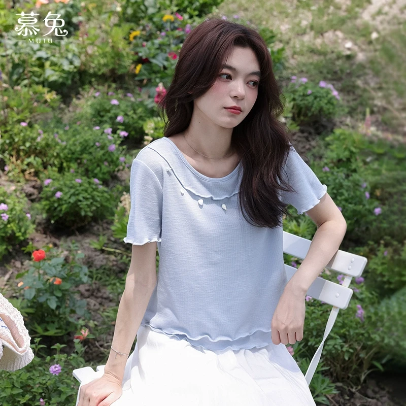 慕兔法式甜美木耳边短袖t恤女2025夏季新款别致绝美宽松显瘦上衣