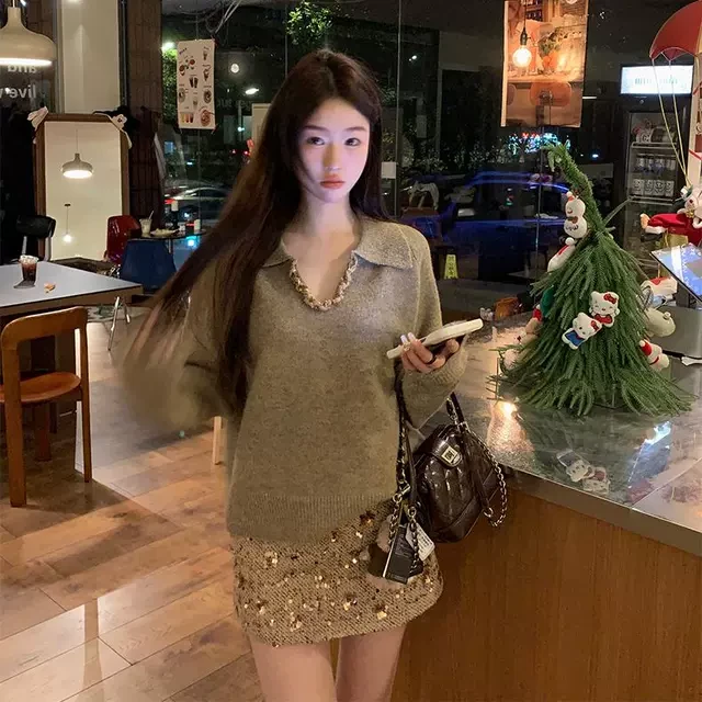 千金风套装女重工编织翻领毛衣2024冬季亮片包臀半身裙两件套