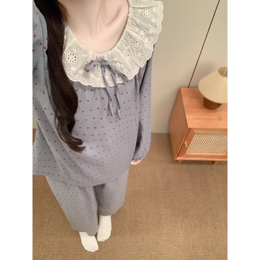 睡衣女秋季长袖长裤韩版甜美蕾丝娃娃领波点圆点云朵棉家居服套装